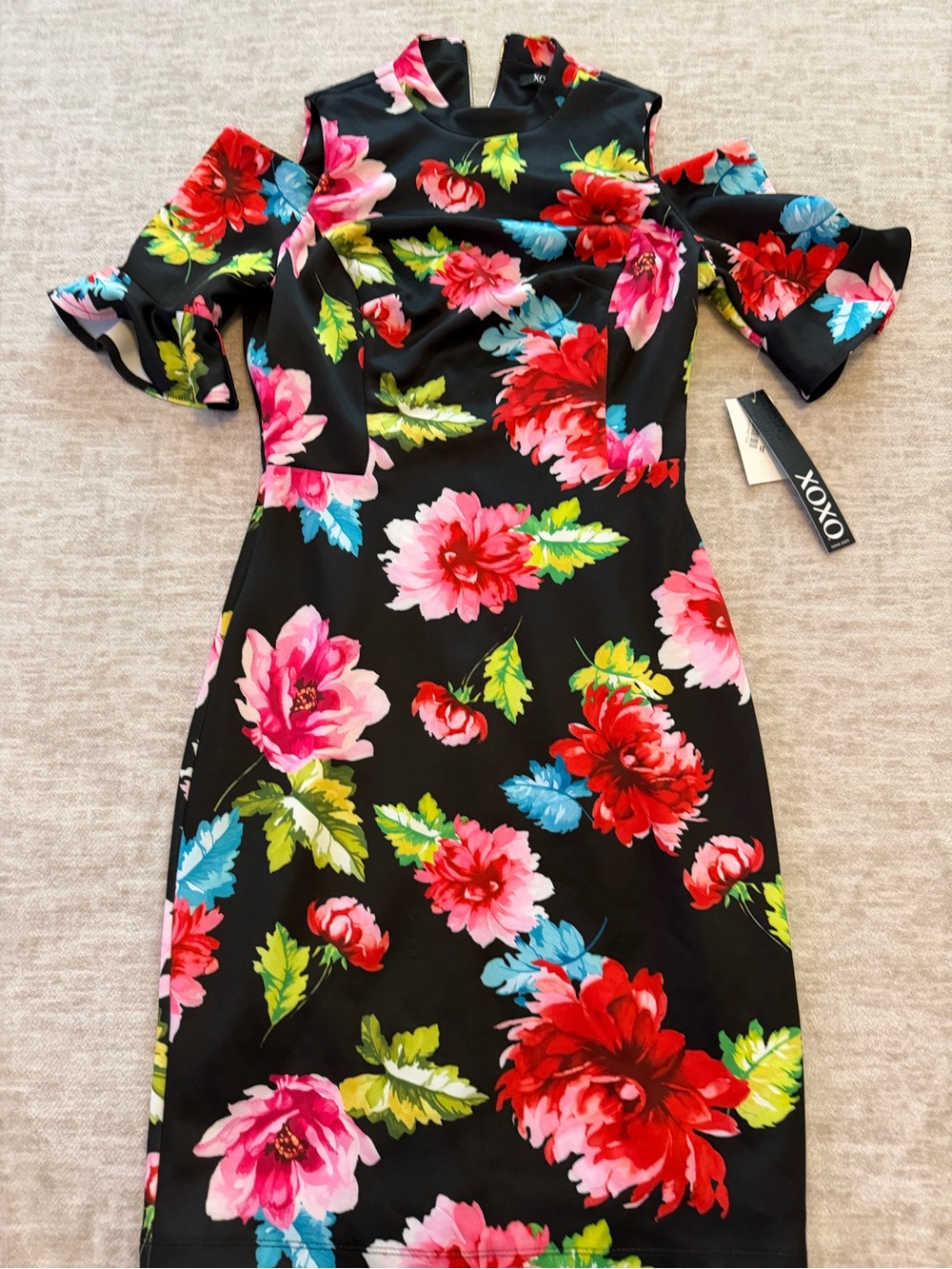 XOXO Black Floral Cold-Shoulder Mini Dress in Pink, Red & Blue scuba